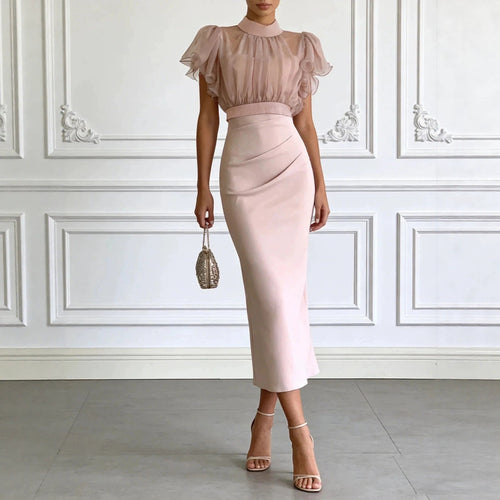 Pink Mesh Lace-Up Waist Two-Piece Dress Set – Elegant Long Skirt & Top