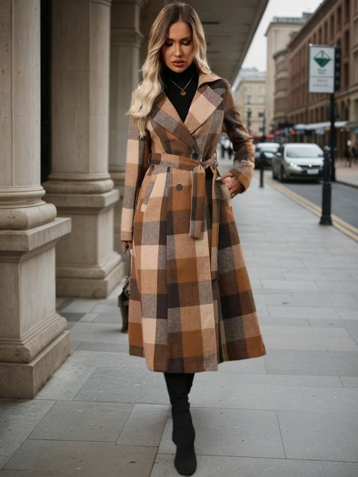Women’s Lapel Woolen Double-Breasted Coat – Lace-Up Long Windbreaker
